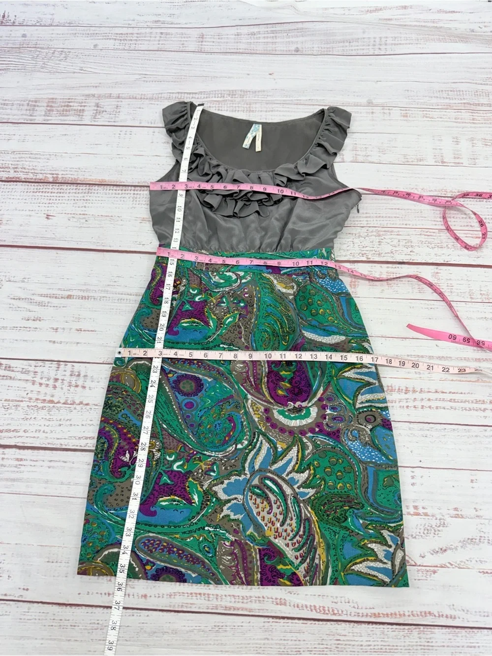 Anthropologie Maeve Size 2 Seaside Fields Sheath Dress gray silk ruffle bodice